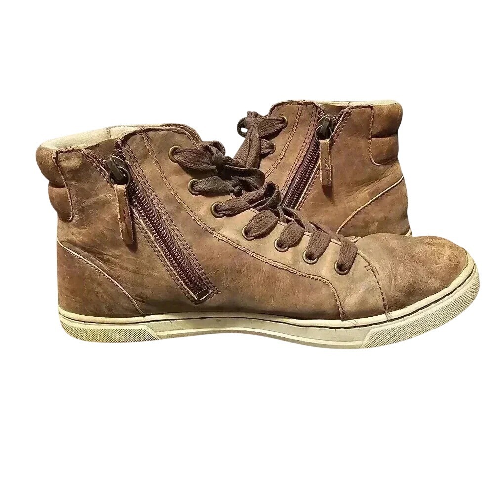 UGG Brown Distressed Leather High Top Sneakers Side Zip 1014607 Womens 8